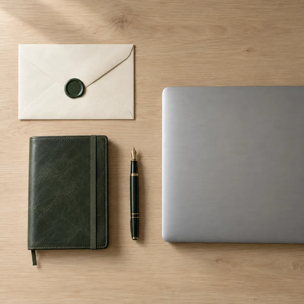 A sealed envelope, a leather notebook and a closed laptop on a wooden table