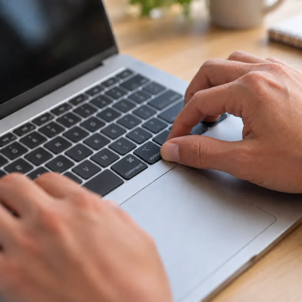 Gros plan : les mains sur le clavier, le pouce sur une touche à droite de la barre d'espace