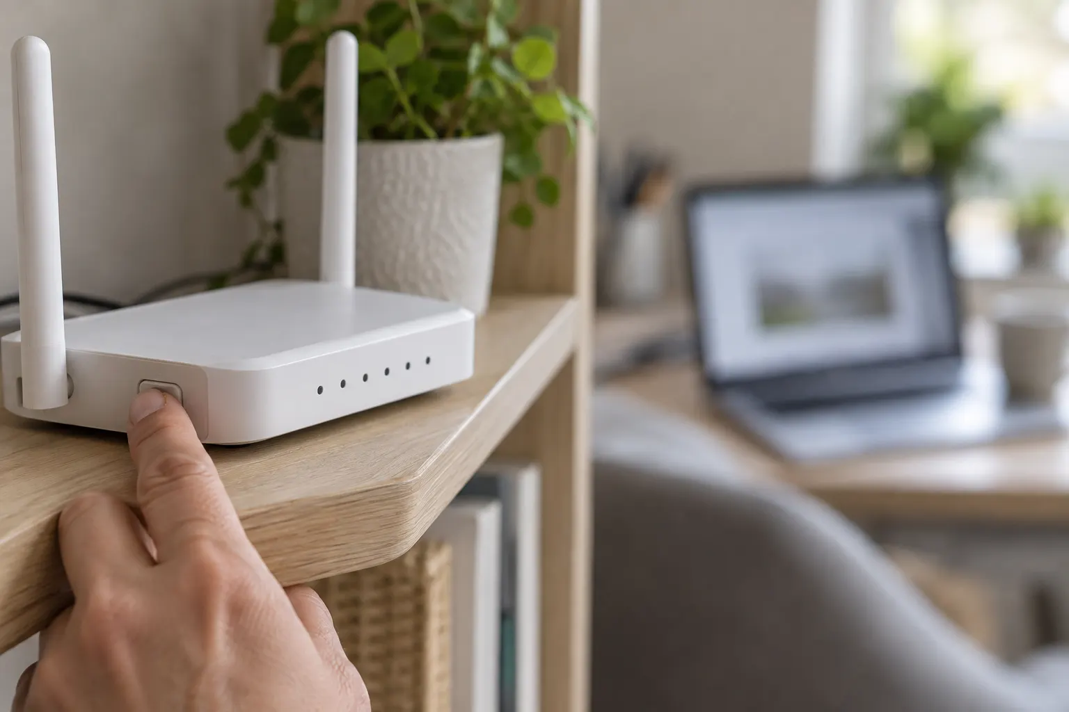 A hand switching off a Wi-Fi router, a laptop in the background