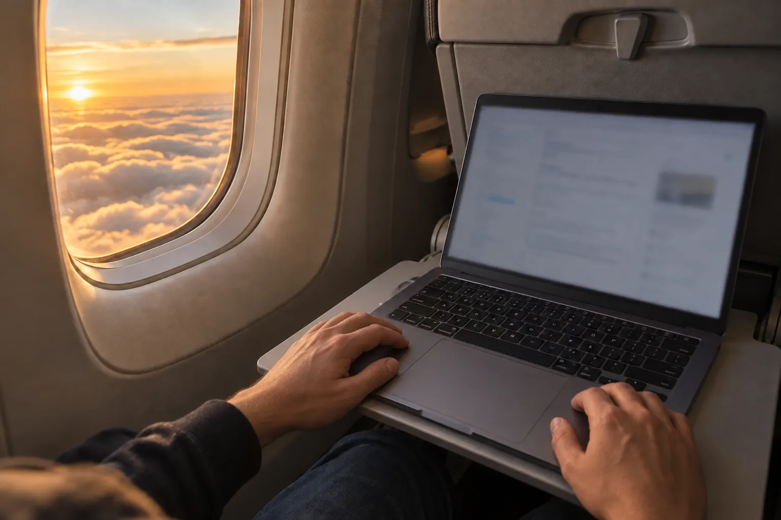Lavorare al computer in aereo, sopra le nuvole